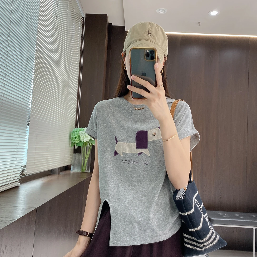 IMFLY金小金自制女装 T恤DYW9500夏日休闲风几何小狗图案上衣