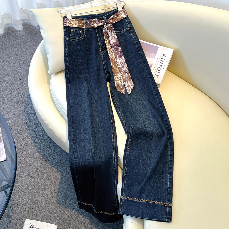 时尚加绒加厚阔腿牛仔裤女2025秋冬新款高腰宽松显瘦休闲直筒裤子