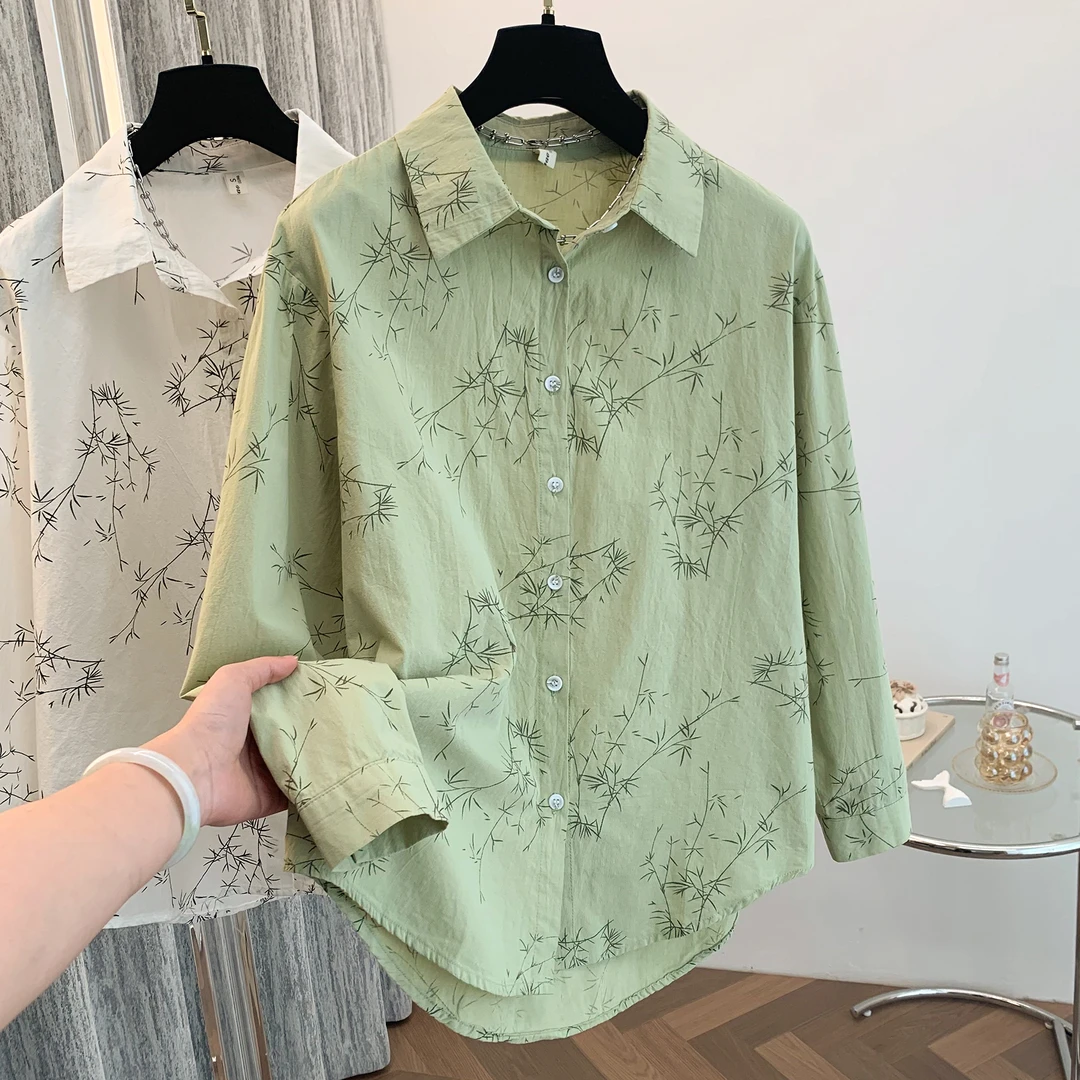 全额运费补贴文艺风印染纯色长袖竹子防晒衬衫衬衣休闲外套设计感