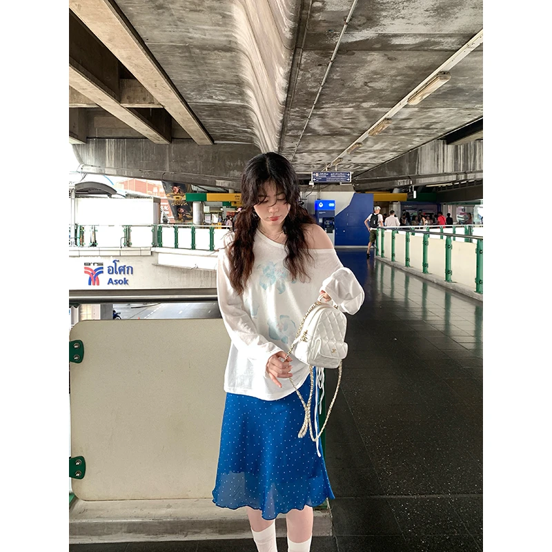 春野信子 波点半身裙女夏雪纺高腰显瘦百搭a字中长款裙子