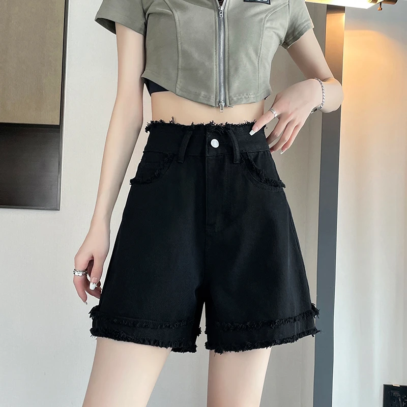 黑色牛仔短裤女2025夏季薄款a字高腰宽松显瘦毛边小个子五分裤子