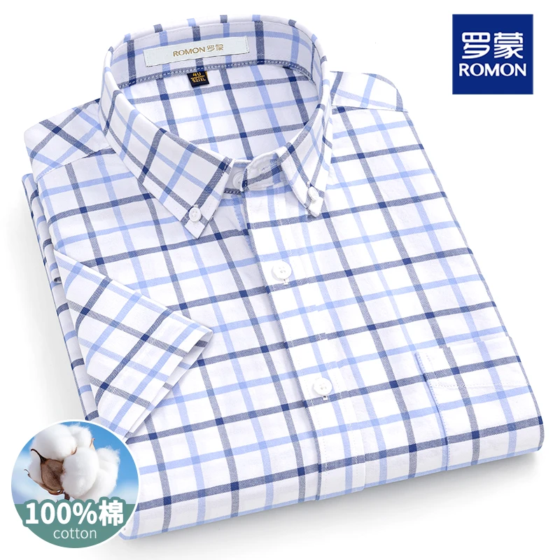 罗蒙2025新款爆款白色格子衬衫中青年男士纯棉短袖薄款休闲衬衣男