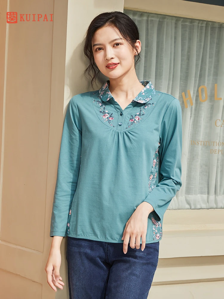 葵牌中年妈妈长袖t恤棉弹秋季国风绣花上衣女休闲百搭翻领打底衫