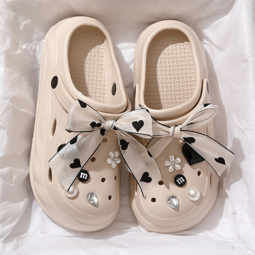 蝴蝶结洞洞鞋女款2025夏季新款厚底防滑防臭沙滩休闲百搭包头凉鞋