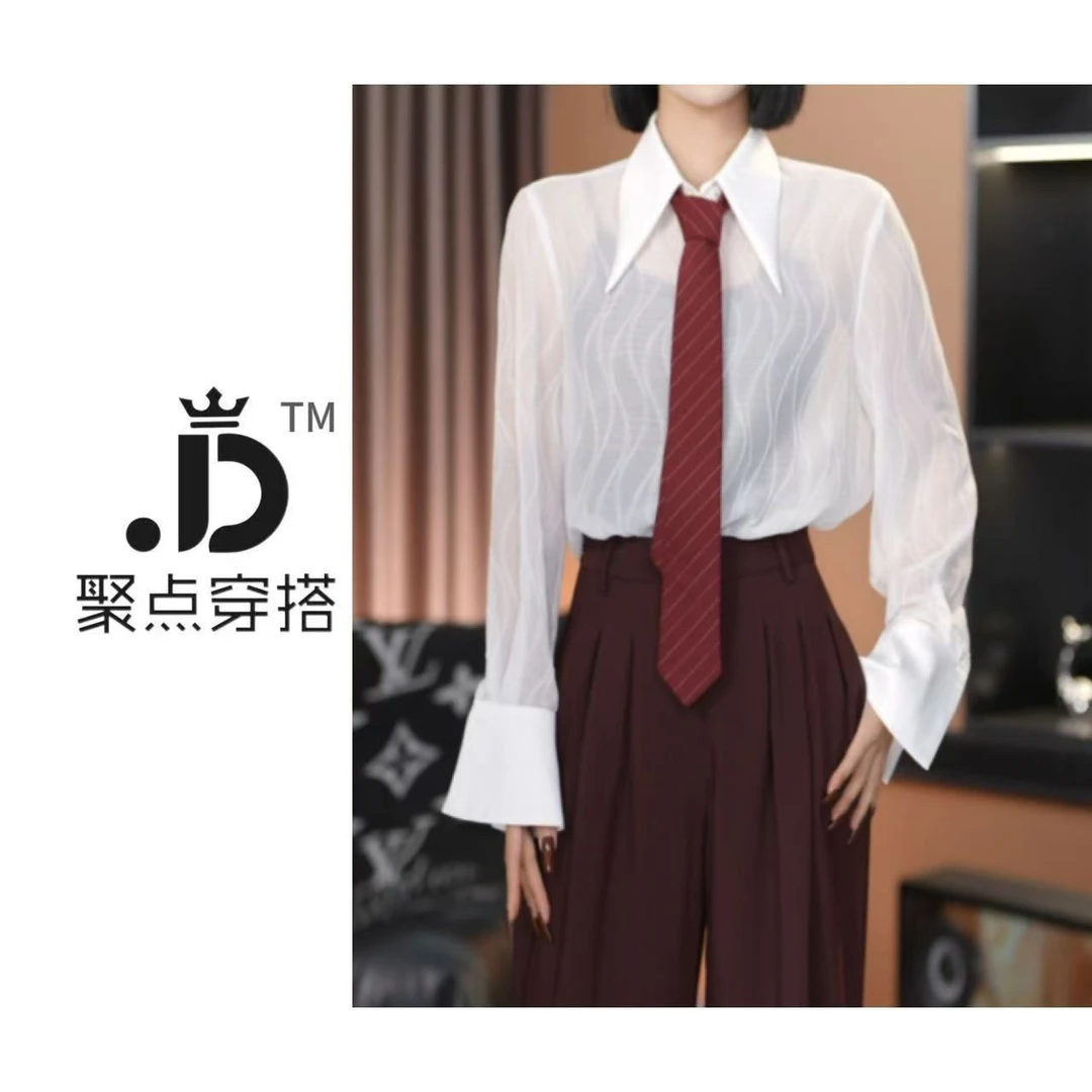 JUDIAN-【白月光】法式蕾丝微透尖领秋款长袖衬衫8jd00281