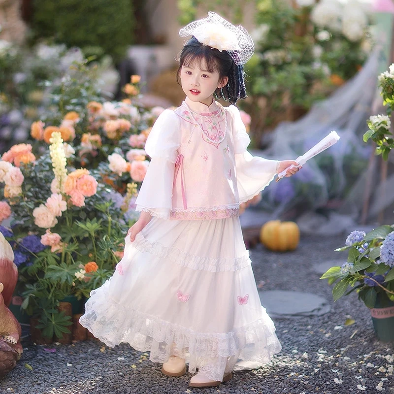 卡酷丘女童汉服套装春秋中国风2025新中式绣花长袖上衣裙子两件套