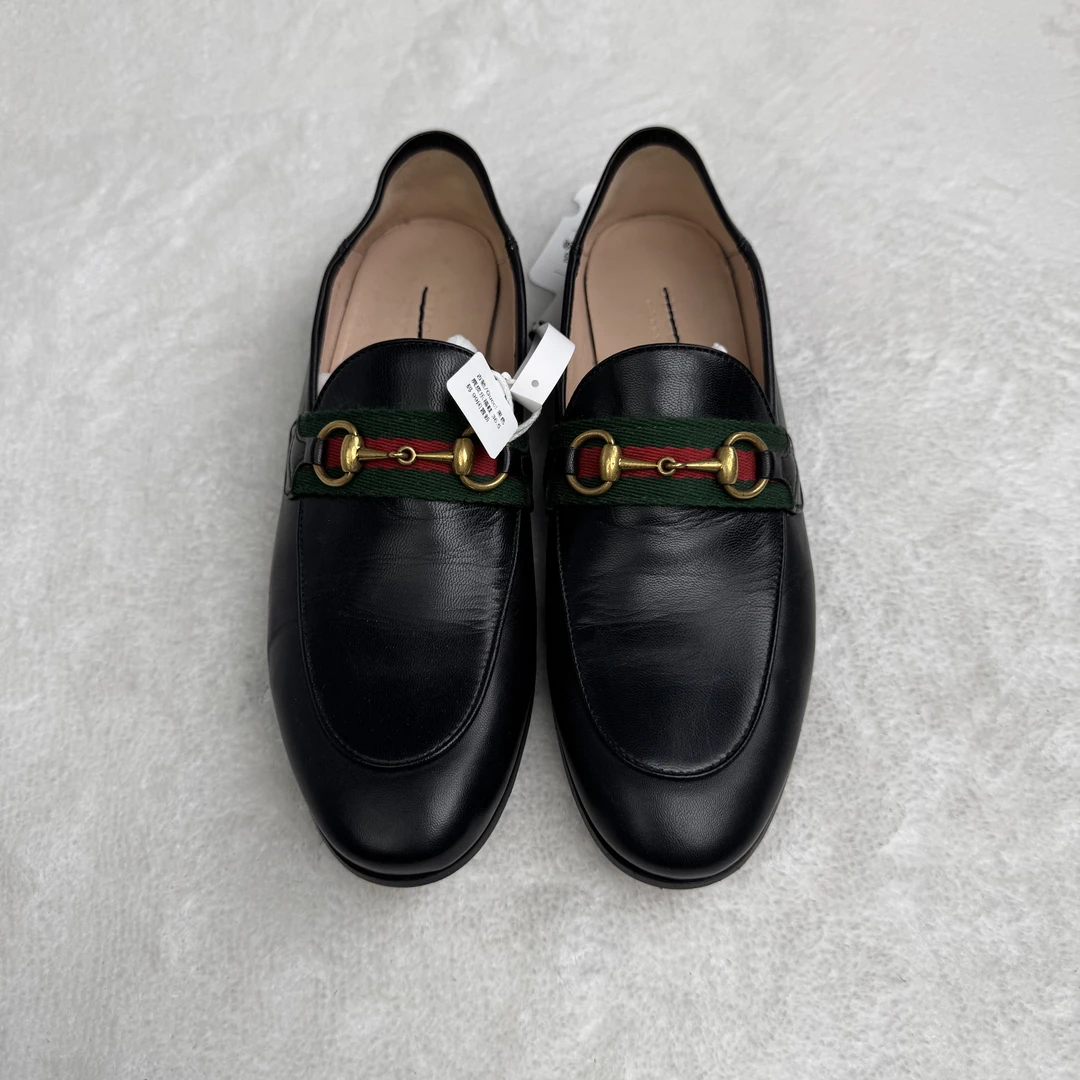 99新 GUCCI/古驰 黑色马衔扣织带乐福鞋/36.5码/FZ233