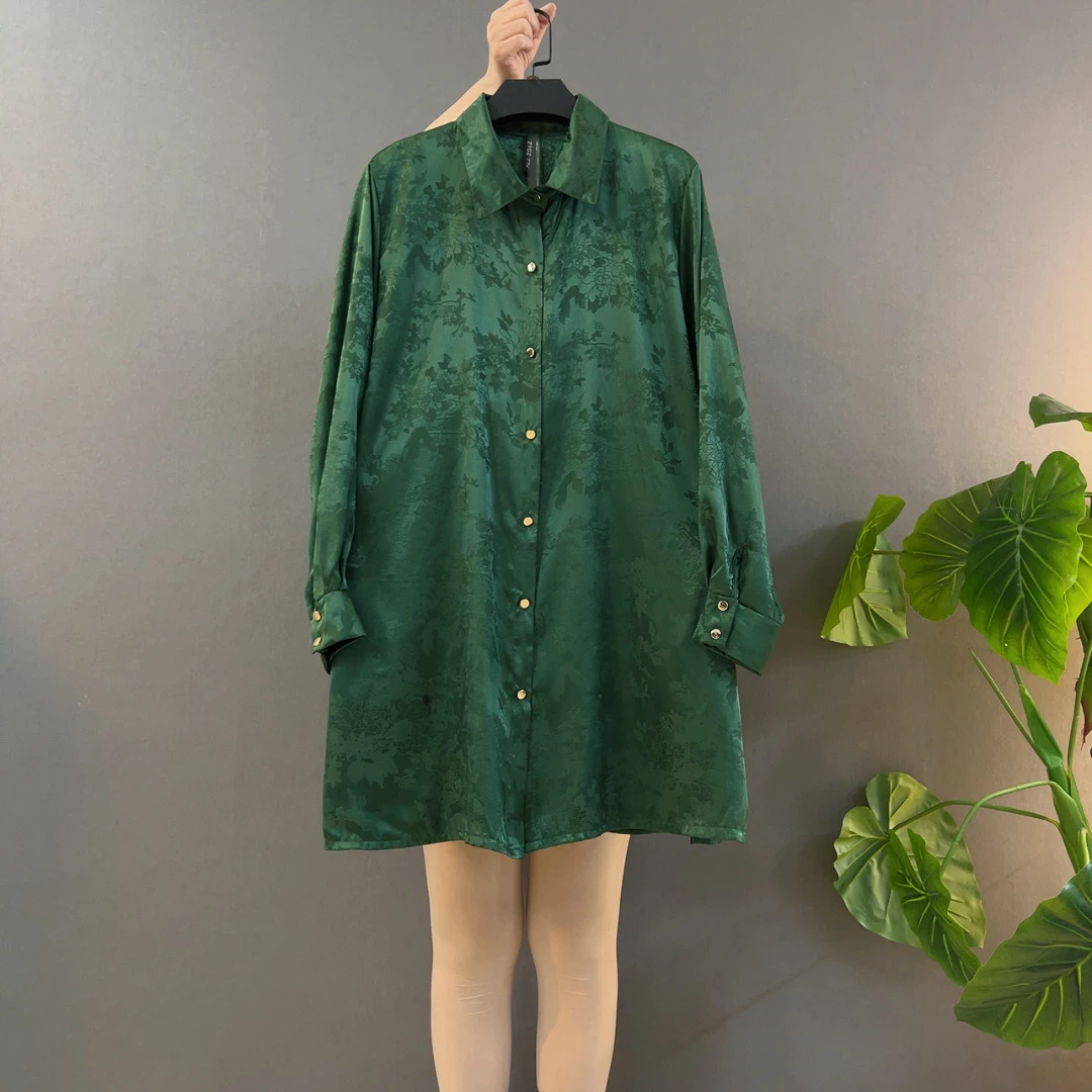 2815欧洲站微胖长袖上衣暗花国风翻领衬衫