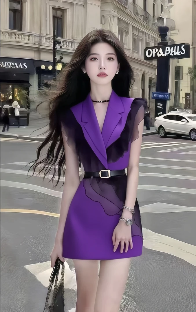 新款时尚别致设计感紫色V领收腰系带连衣裙女气质显瘦氛围感女装