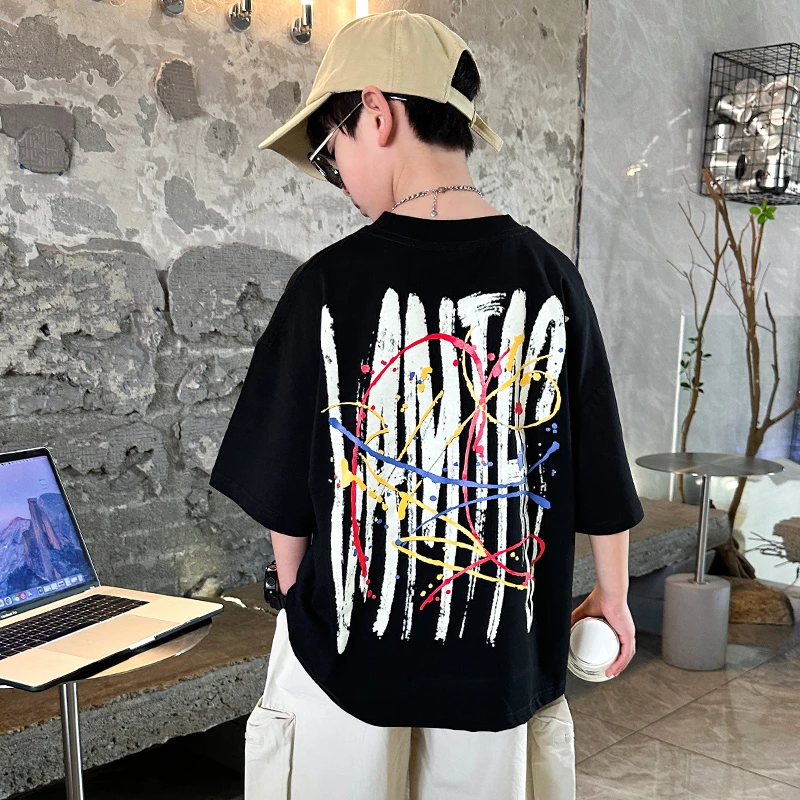 男童夏装短袖t恤新款时髦炸街黑色T恤B3079