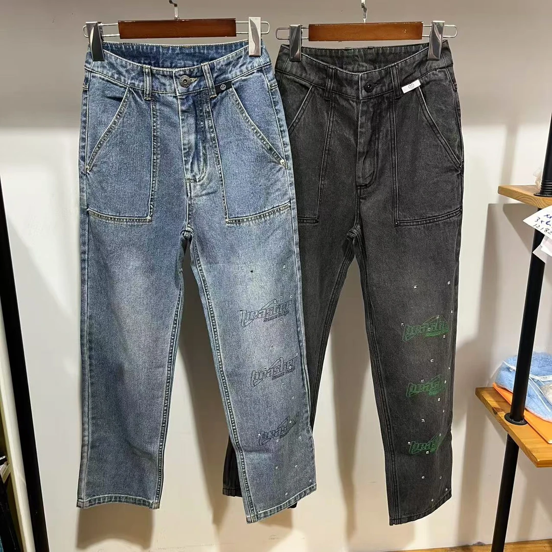 V-5  24新品男士休闲水洗重工两色字母印花牛仔直筒长裤 9V029