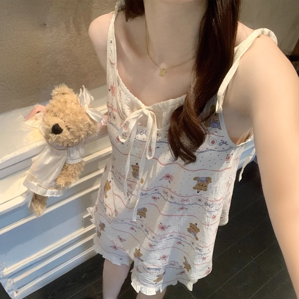 吊带睡衣女夏季新款甜美风卡通小熊印花学生宽松可外穿家居服套装