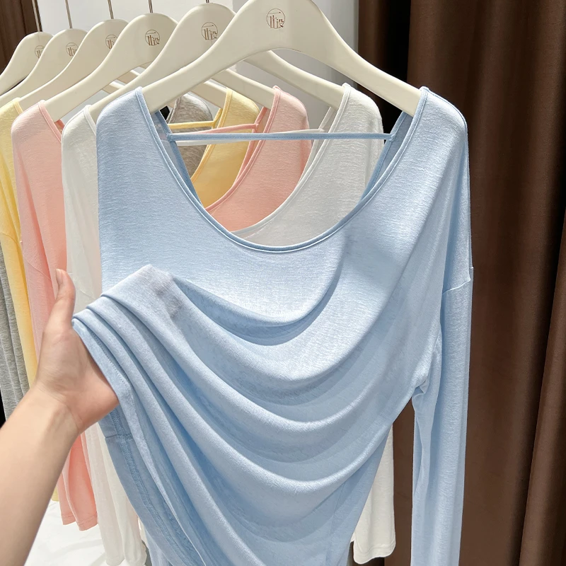 蓝色露背大U领防晒罩衫上衣夏季新款别致外穿长袖薄款百搭外搭女