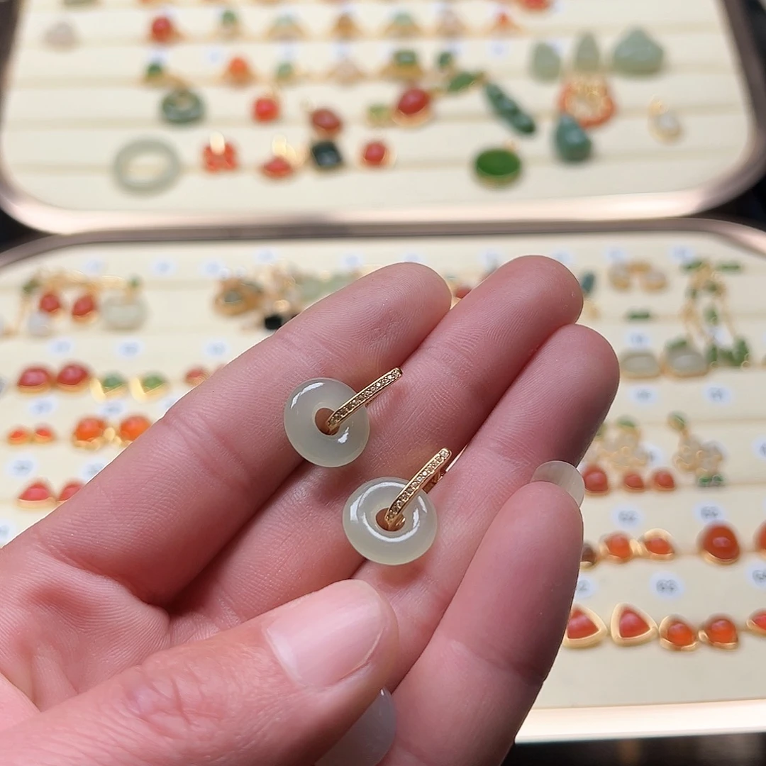 和田玉耳饰银S925镶嵌