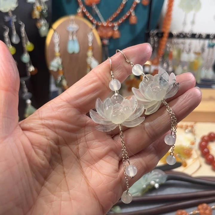 蛇纹石玉银S925镶嵌耳饰