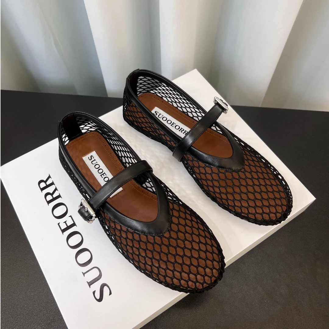 欧货索尔真皮女鞋2025夏新款时尚镂空网面一字扣带平底复古渔网鞋