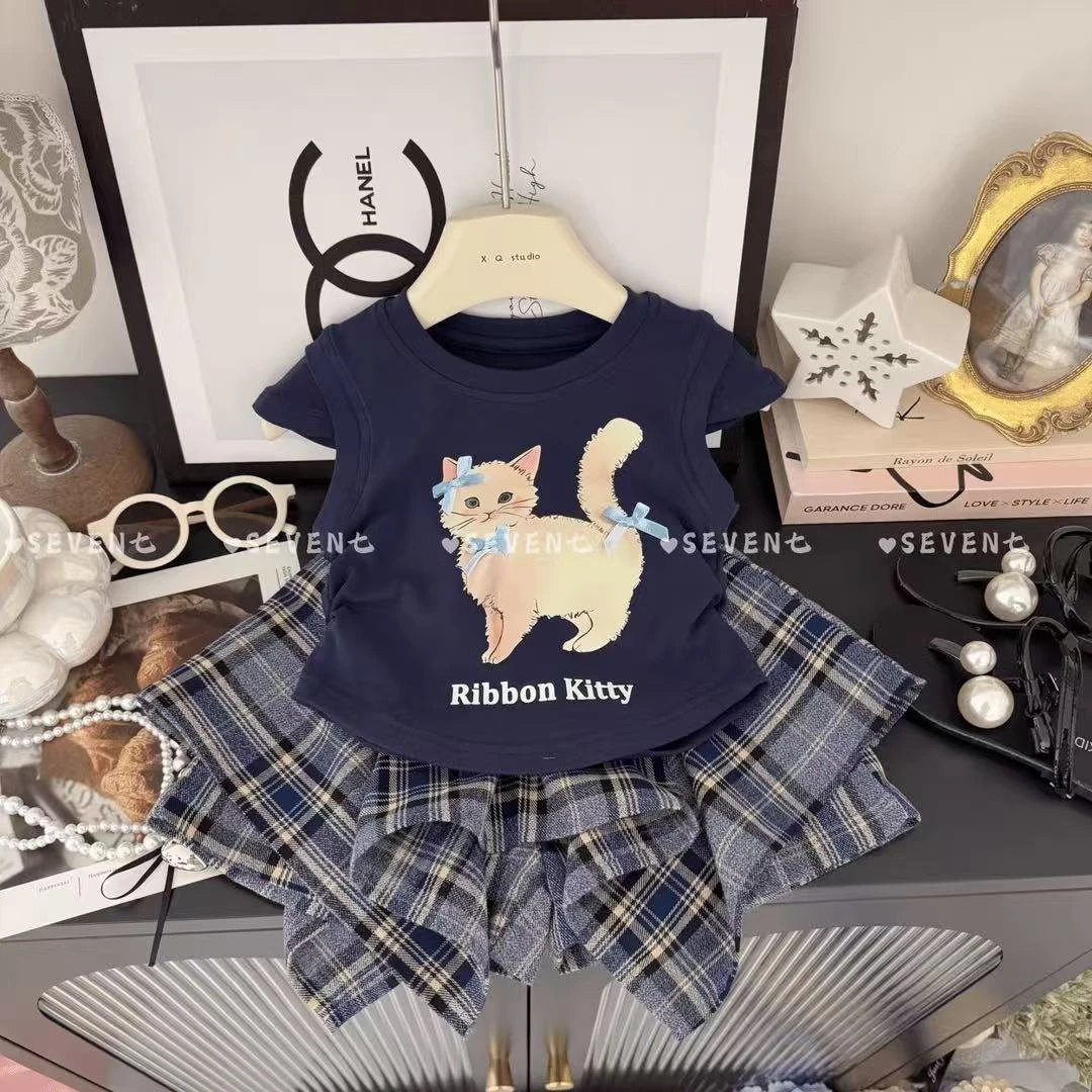 女童夏季短袖套装卡通无袖T恤背心格子不规则裙裤洋气两件套