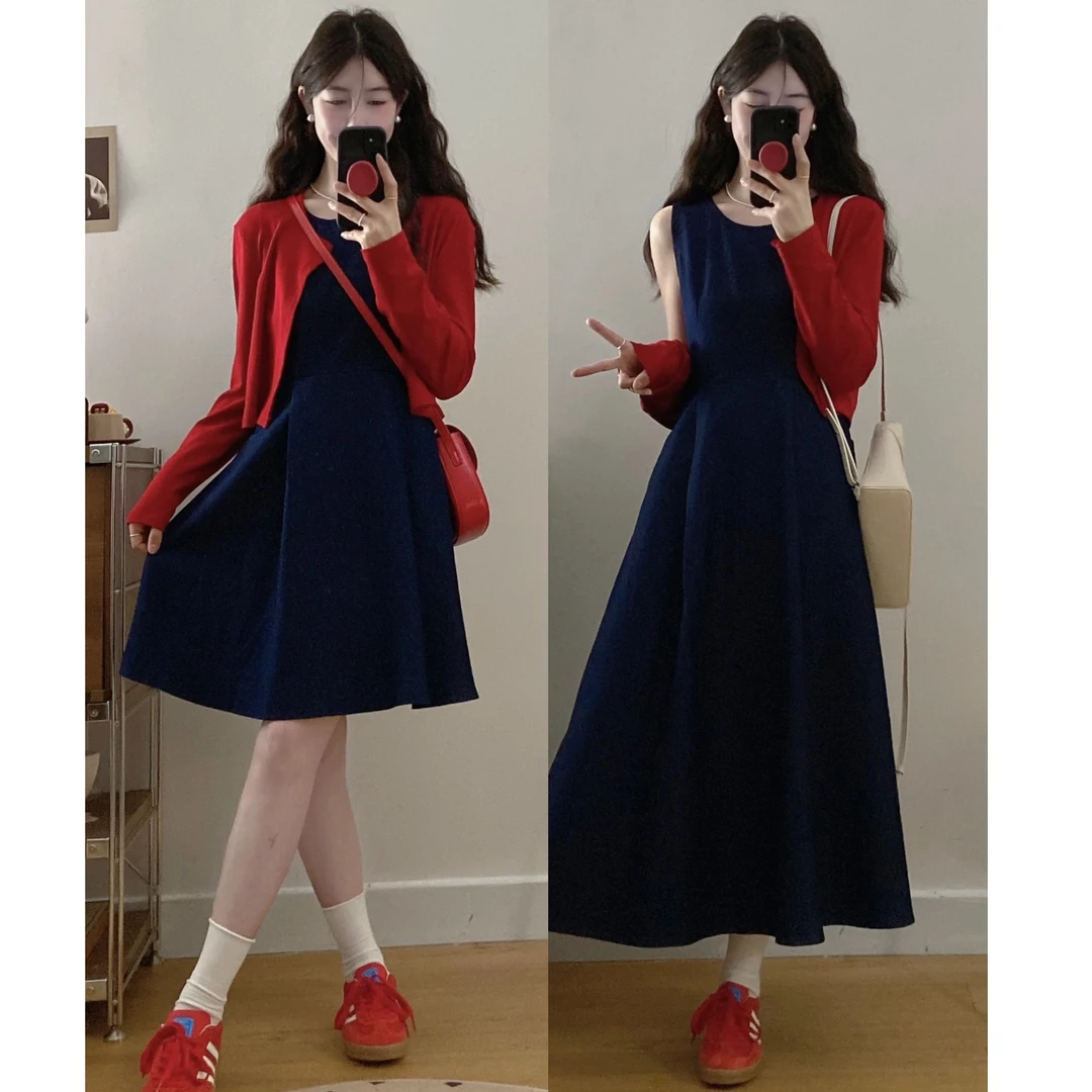 大码女装2025早春新款气质复古收腰牛仔连衣裙+开衫两件套