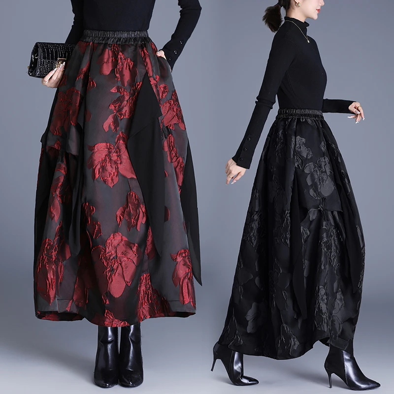 国风浮雕提花半身裙女秋冬新款妈妈装时尚不规则中长款拼纱花苞裙