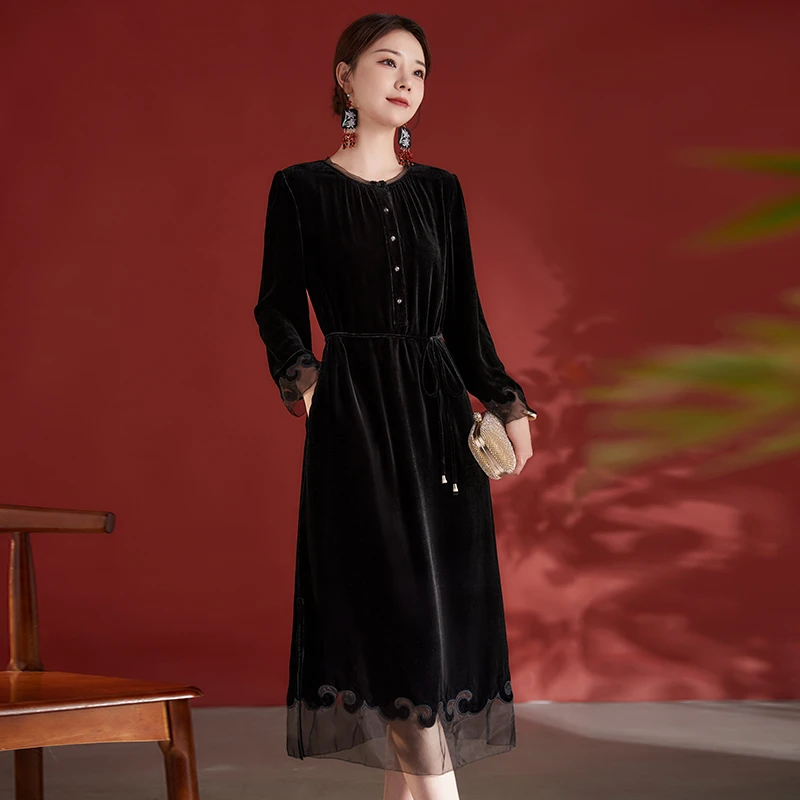 【果缎】桑蚕丝丝绒连衣裙82498382显瘦长袖黑色复古优雅