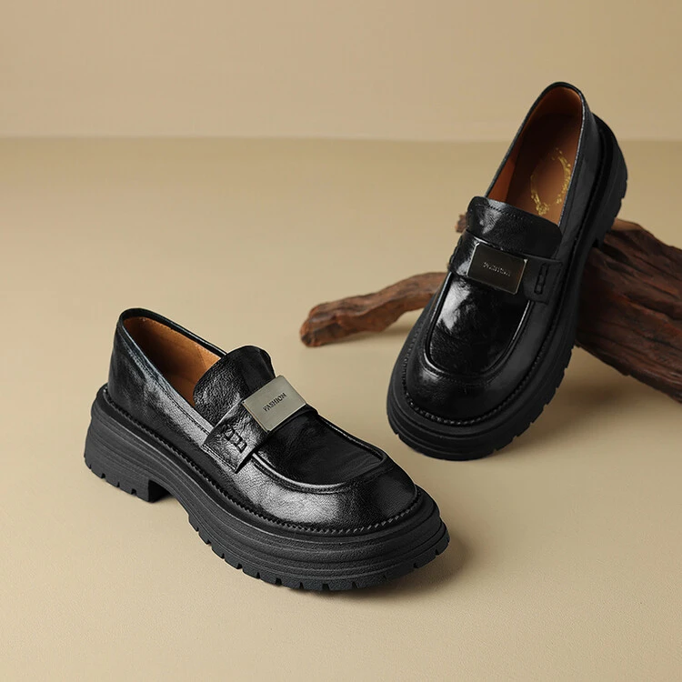 李大龙~羊皮4公分/厚底新款英伦风小皮鞋女圆头春季粗跟乐福鞋