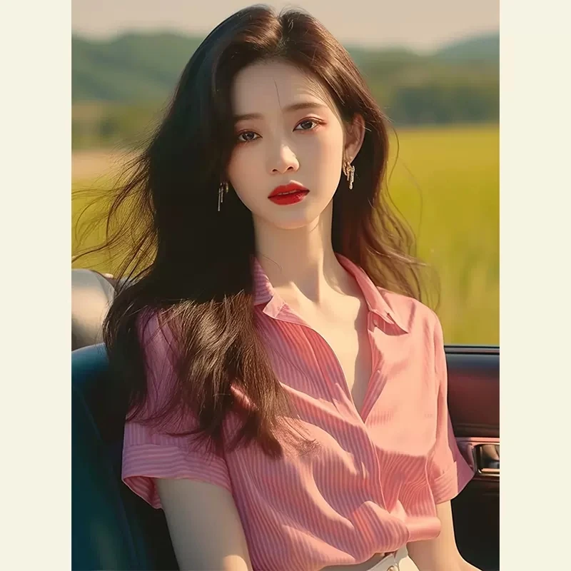 法式高级感粉色条纹短袖衬衫上衣女2025夏季今年流行漂亮别致小衫