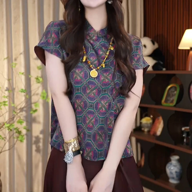 复古民族风时尚印花立领小衫女夏季新款气质百搭飞飞袖显瘦衬衫潮