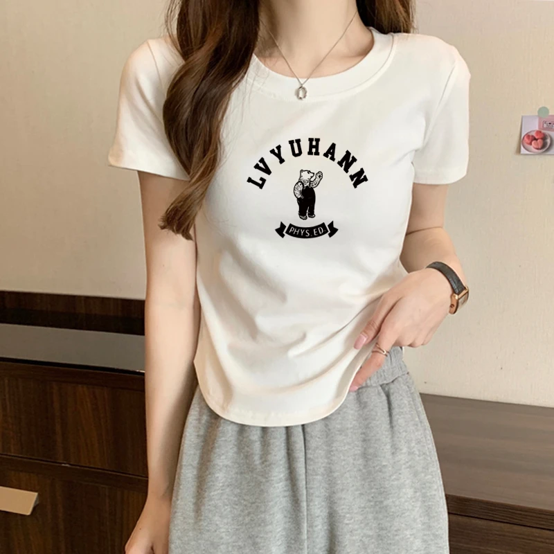 【白雪熊】圆领T恤女短袖夏季百搭显瘦设计感不规则半袖纯色上衣