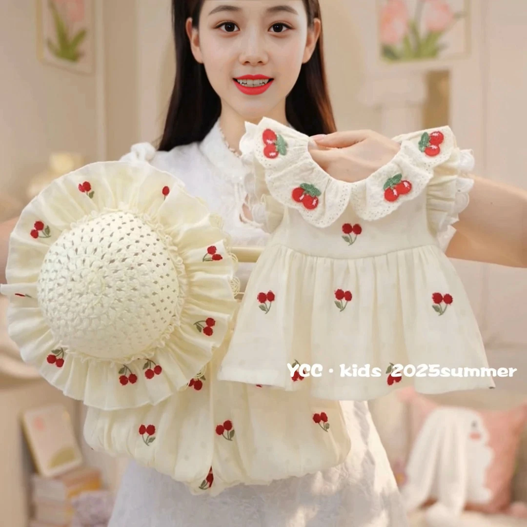 儿童装女童夏季女宝宝薄款娃娃领樱桃刺绣甜美可爱女孩套装TZ2506