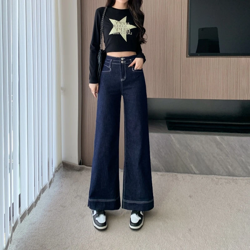 丹宁蓝喇叭牛仔裤女小个子穿搭高腰复古阔腿微喇梨形身材裤子初秋