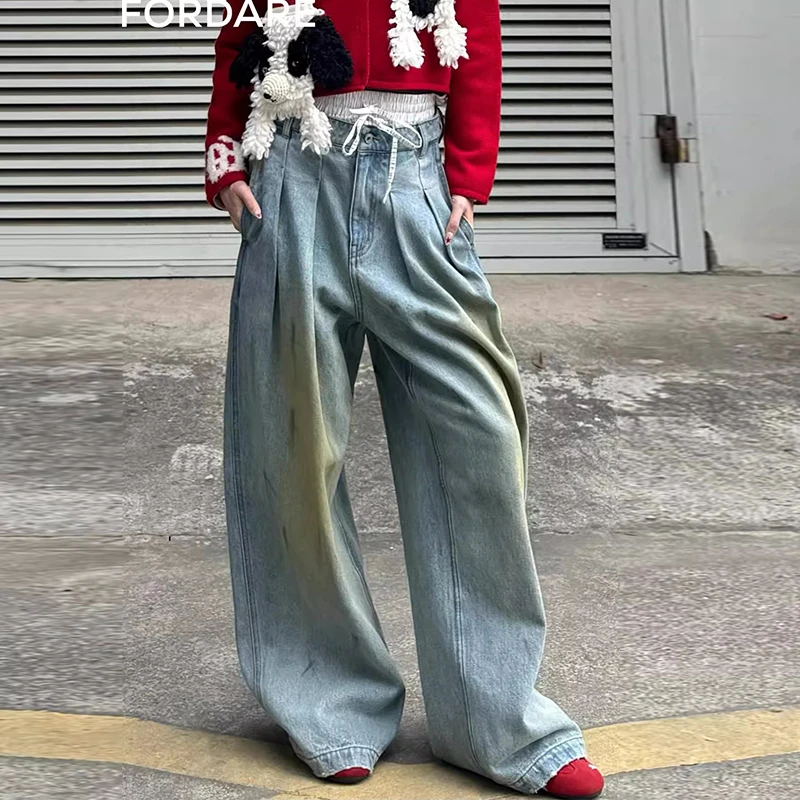 FORDARE双腰头做脏倒褶阔腿裤百搭高腰宽松