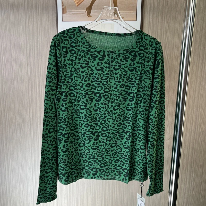 00668撤柜mc打底弹力宽松长袖T恤绿色豹纹圆领打底衫