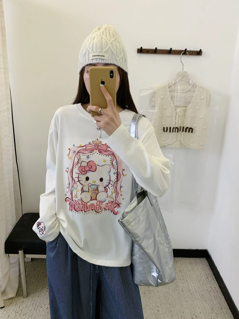 韩系KT猫印花烫钻设计刺绣长袖T恤休闲宽松慵懒感上衣785