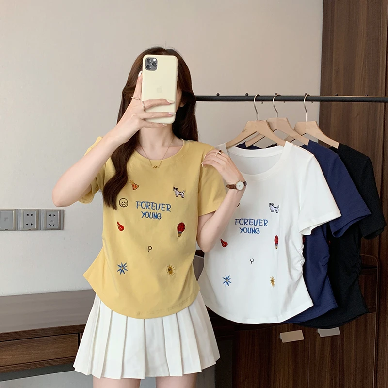 2025夏装新款胖mm大码女甜美刺绣卡通字母弧形掐腰短袖T恤35615