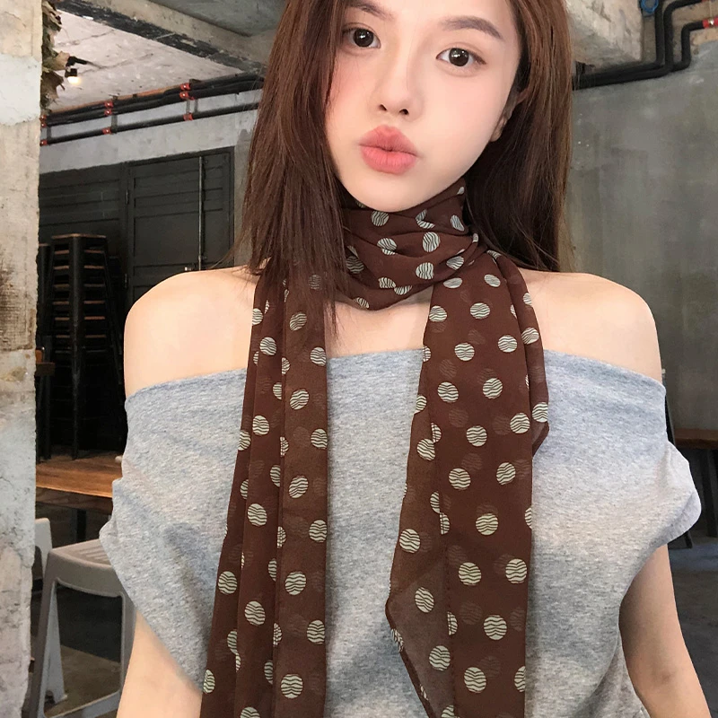 棕色波点丝巾女款爆款2025新款百搭高级感小丝巾长条薄款丝带脖饰