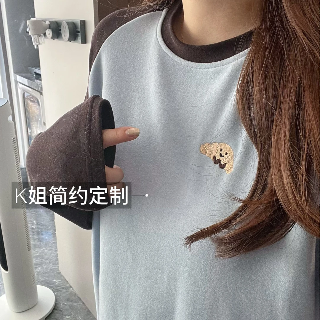 GTNER“KK定制”女冬款简约百搭刺绣插肩袖休闲长袖打底衫D1592