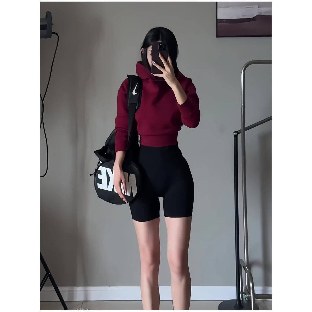 休闲时尚运动连帽卫衣外套女春秋设计感小众高腰露脐短款加绒上衣