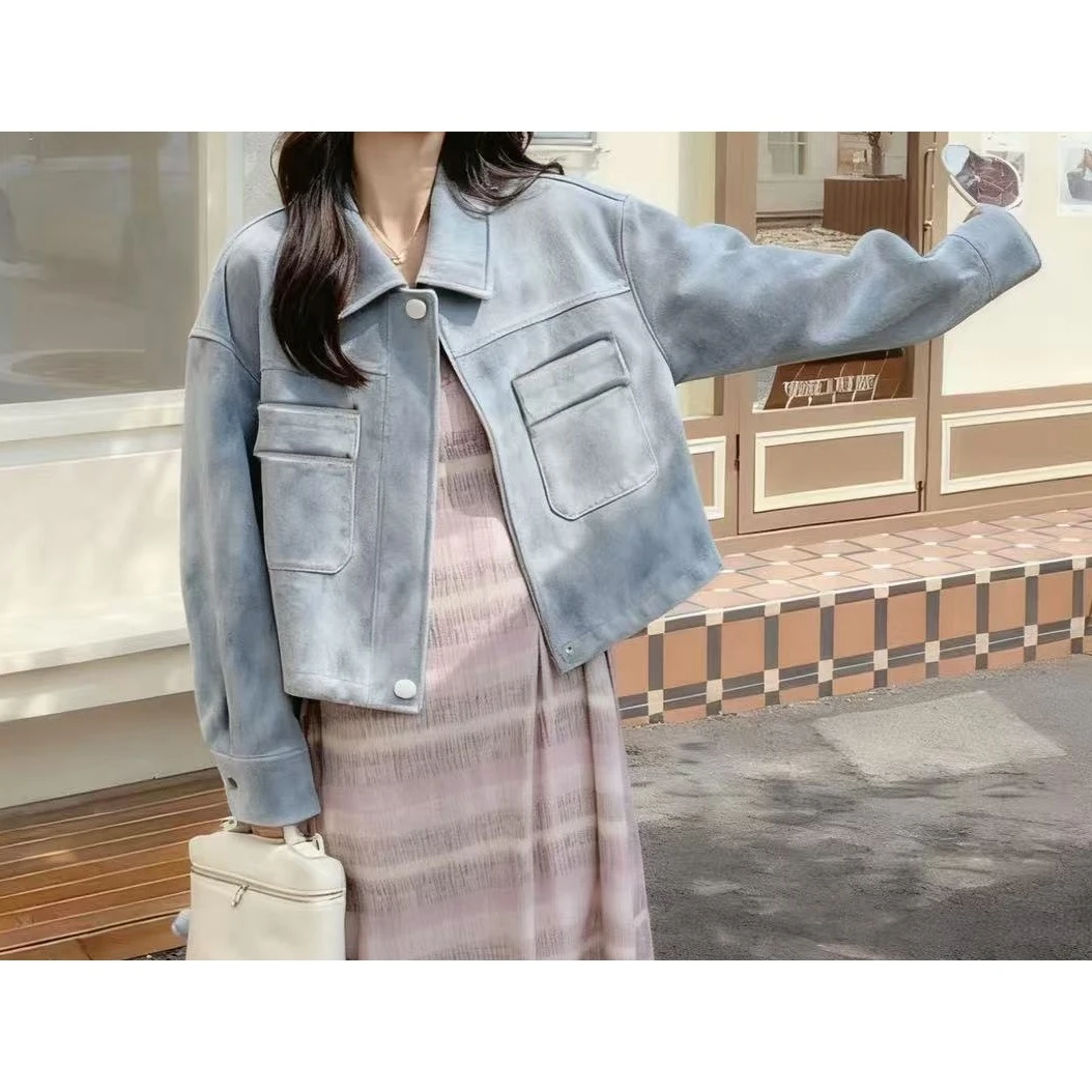 【麂皮绒双口袋外套】秋季新款纯色polo领小外套DF860