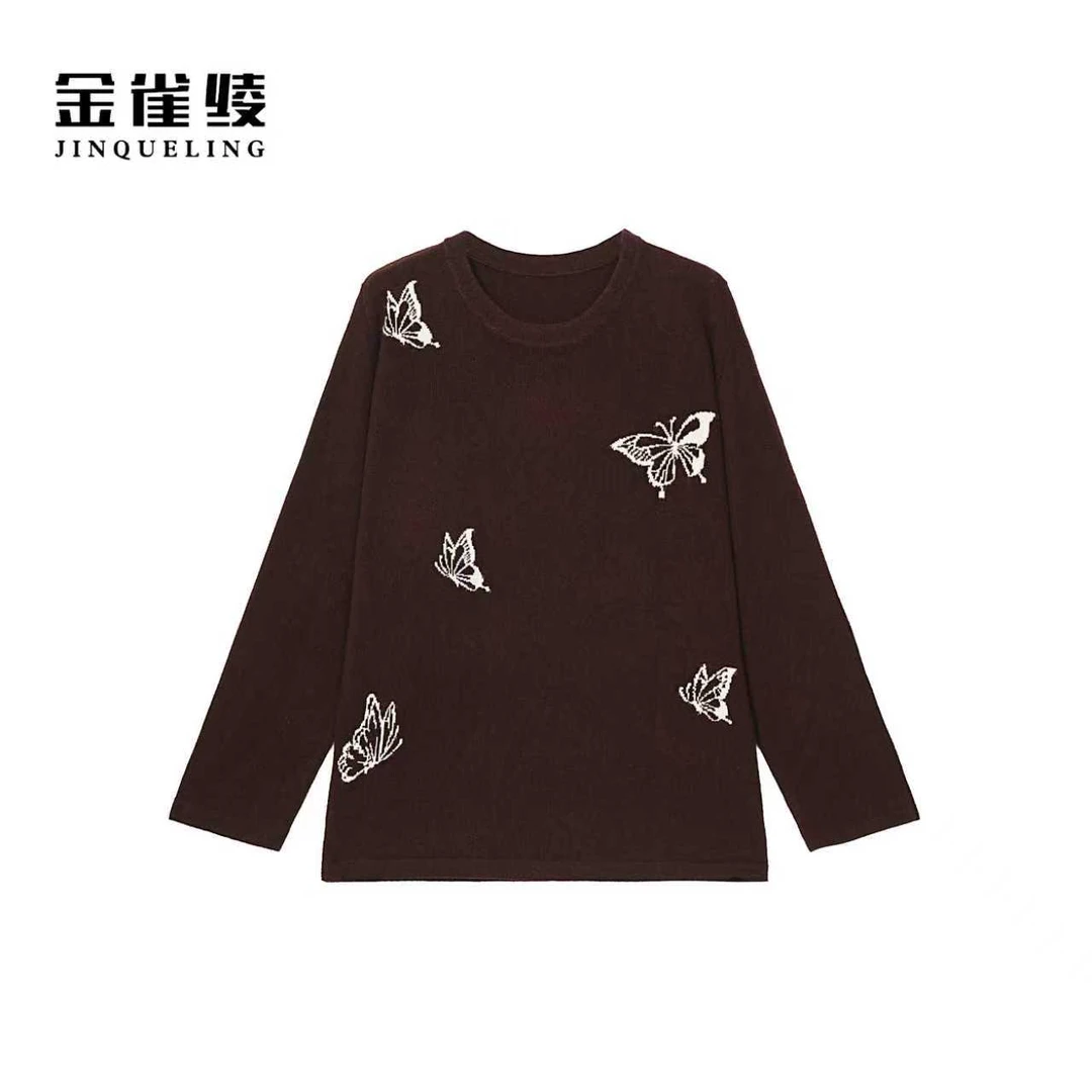 金雀绫【灵蝶织梦】100绵羊毛嵌花工艺保暖加宽加大毛衣SZAK3SHL193
