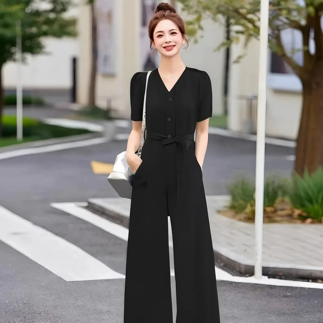 B【送腰带】2025夏新款法式泡泡袖西装连体裤女气质工装连衣裤D2433