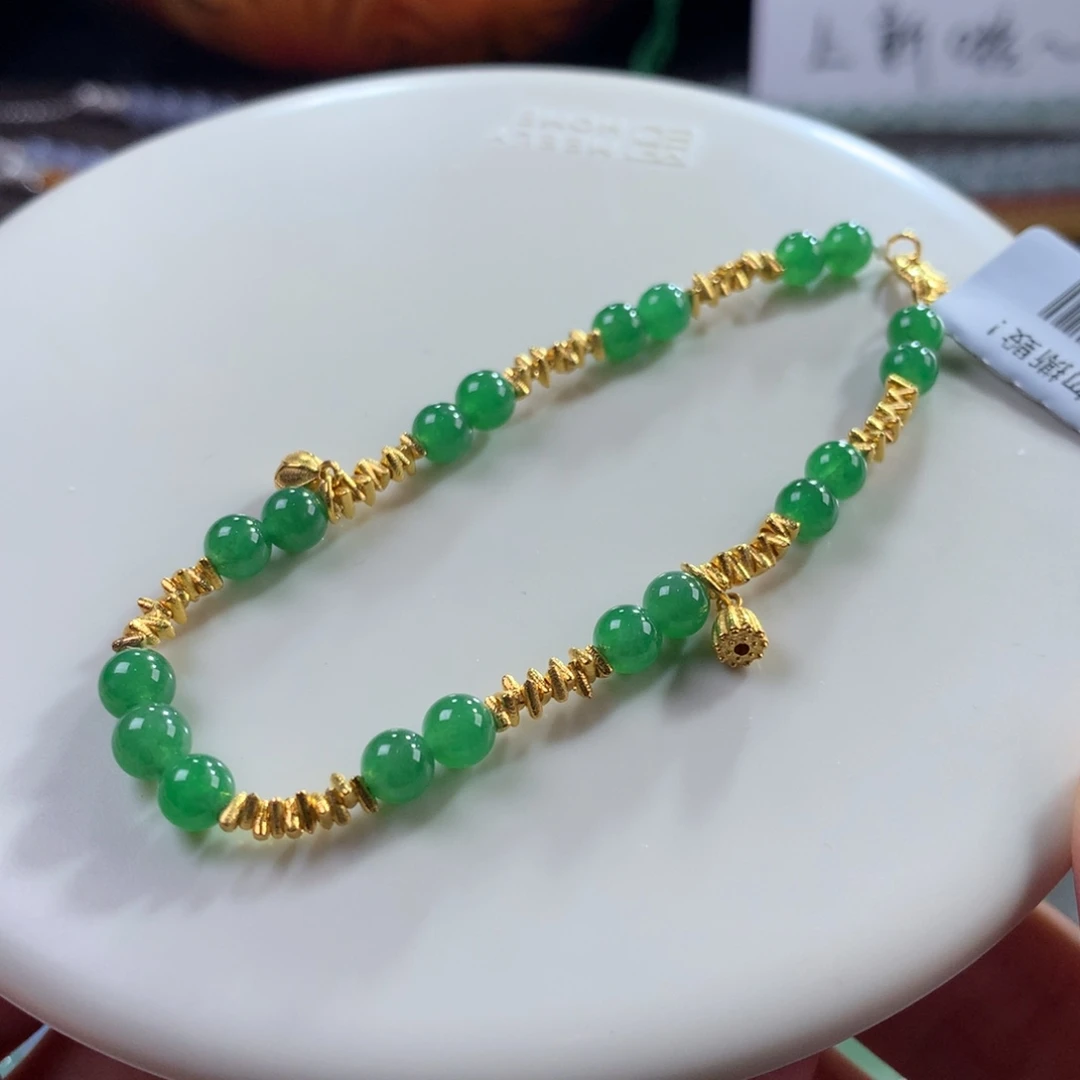 翡翠未镶嵌手链翡翠胶润满色冰绿金玉满堂卡4.70～5+