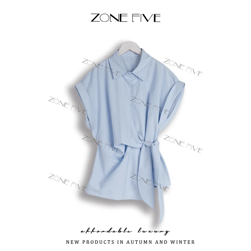【zonefive】“天丝”夏新款高级感气质绑带收腰翻领衬衫设计感上衣女