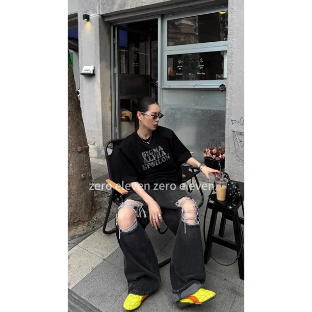 【特价NO退NO换】时尚气质设计感百搭宽松蕾丝字母印花T恤 RWC7509