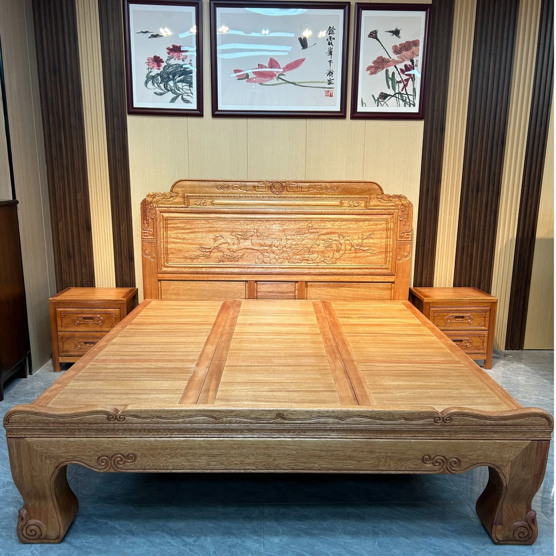无油漆无异味全环保木蜡油雕刻南洋木原木全实木床大床简约古典