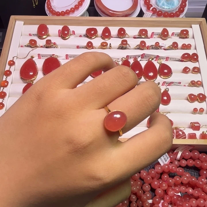 菱锰矿（红纹石）18K金镶嵌戒指蛋面戒指2g