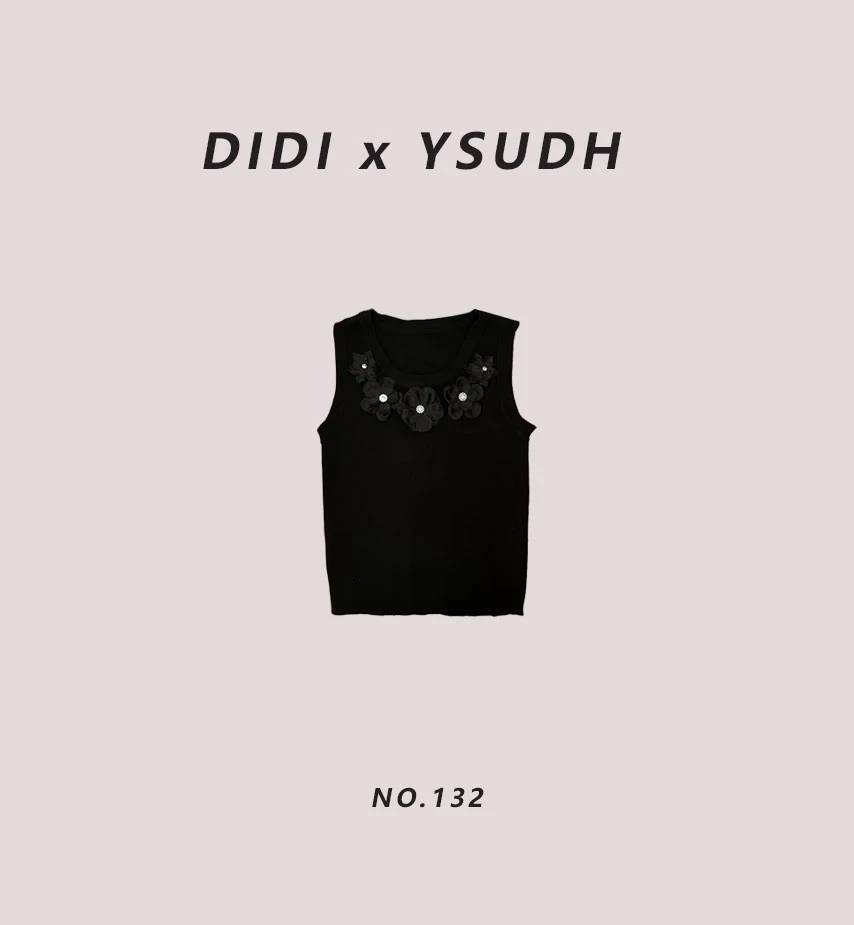 DIDI·【132】夏季港味复古立体花朵黑色吊带背心