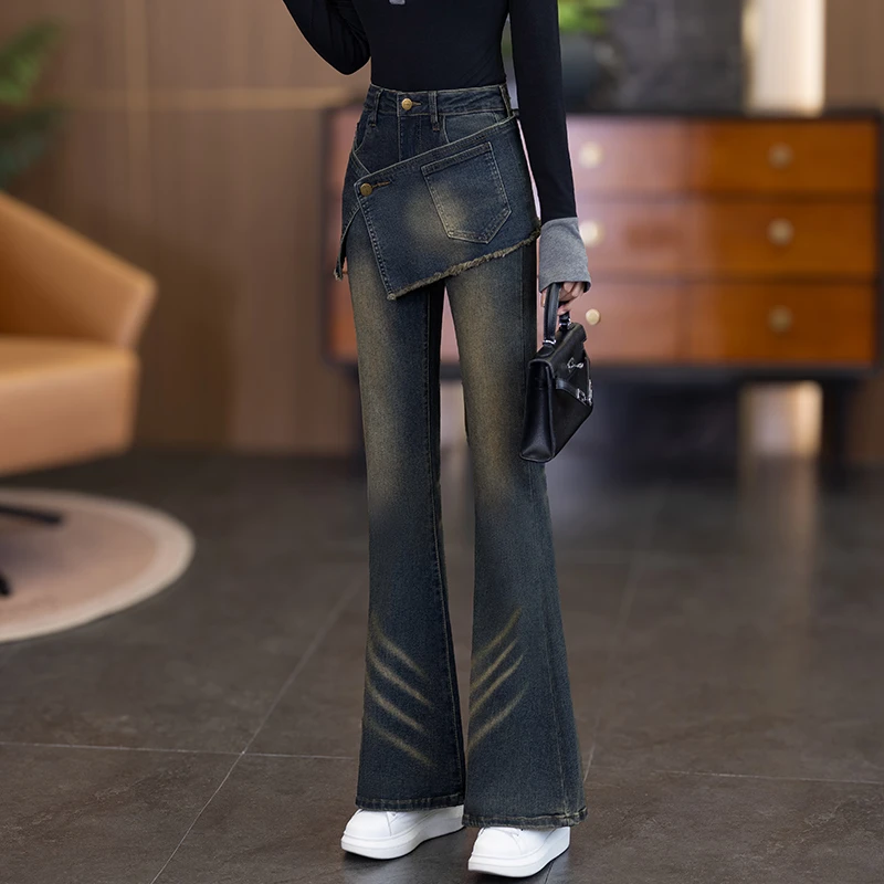 复古美式假两件微喇叭牛仔裙裤子女2025春秋高腰修身显瘦拖地长裤