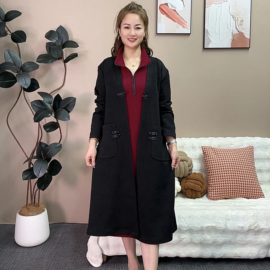 新中式妈妈装风衣春秋款中老年女装中长过膝外搭国风盘扣毛呢外套