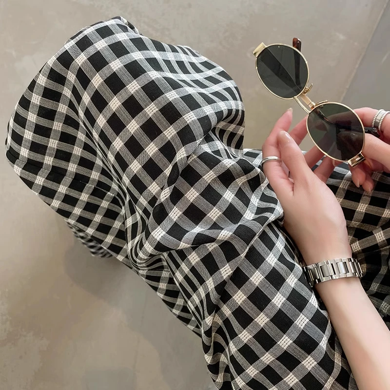 慵懒风黑白格子裤女夏季薄款2025新款宽松直筒垂感美式休闲阔腿裤