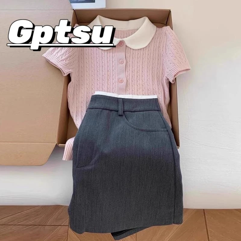 GPTSu短袖t恤女2025款甜美可爱娃娃领小众设计感粉色针织polo上衣
